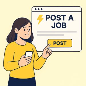 Illustration of a woman posting a job online using her smartphone, with a bold 'Post a Job' screen in the background.