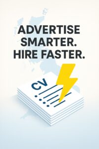 Promotional graphic for JobMatchedCVs showing simplified UK hiring process — fast CV delivery, low cost per CV, and job posting call to action