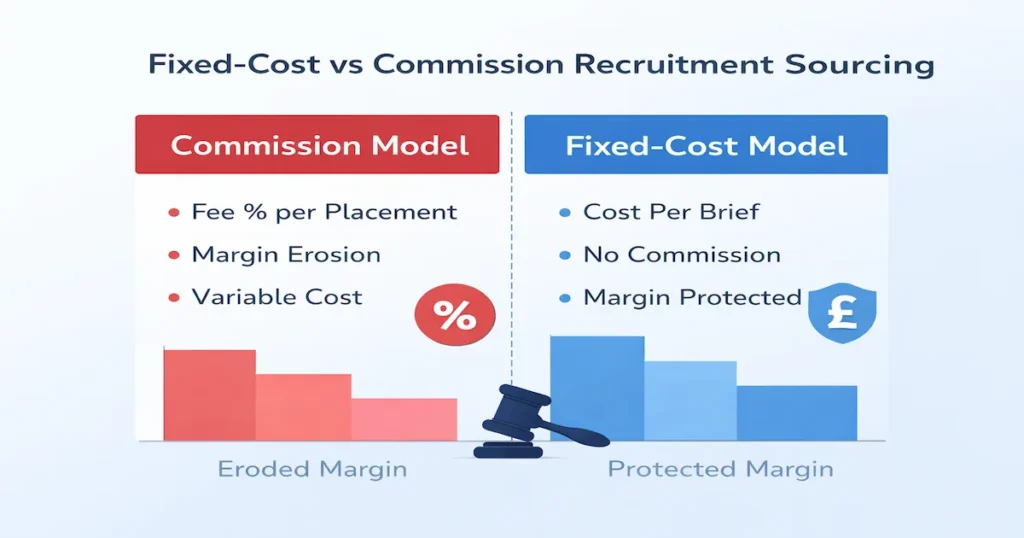 Fixed-cost vs commission recruitment sourcing comparison showing margin erosion vs protected margin for UK agencies