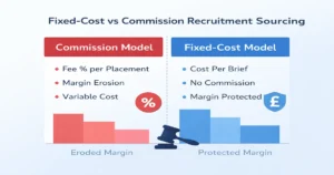 Fixed-cost vs commission recruitment sourcing comparison showing margin erosion vs protected margin for UK agencies