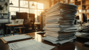 Stack of printed CV applications on a recruiter’s desk in a UK recruitment agency
